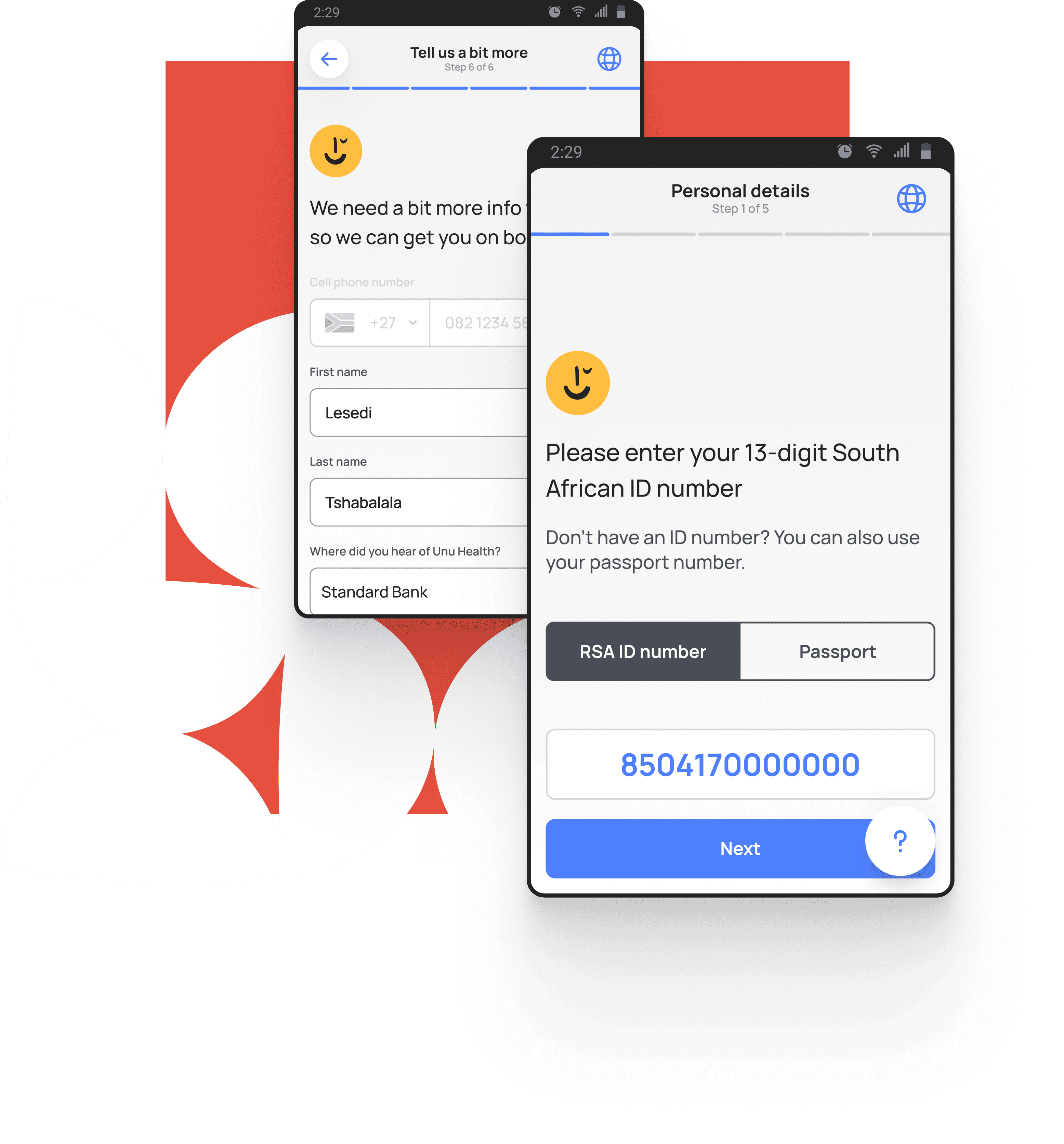 Simple Unu Health app sign-up screen on a smartphone. Image showing how easy it is to register on the app.