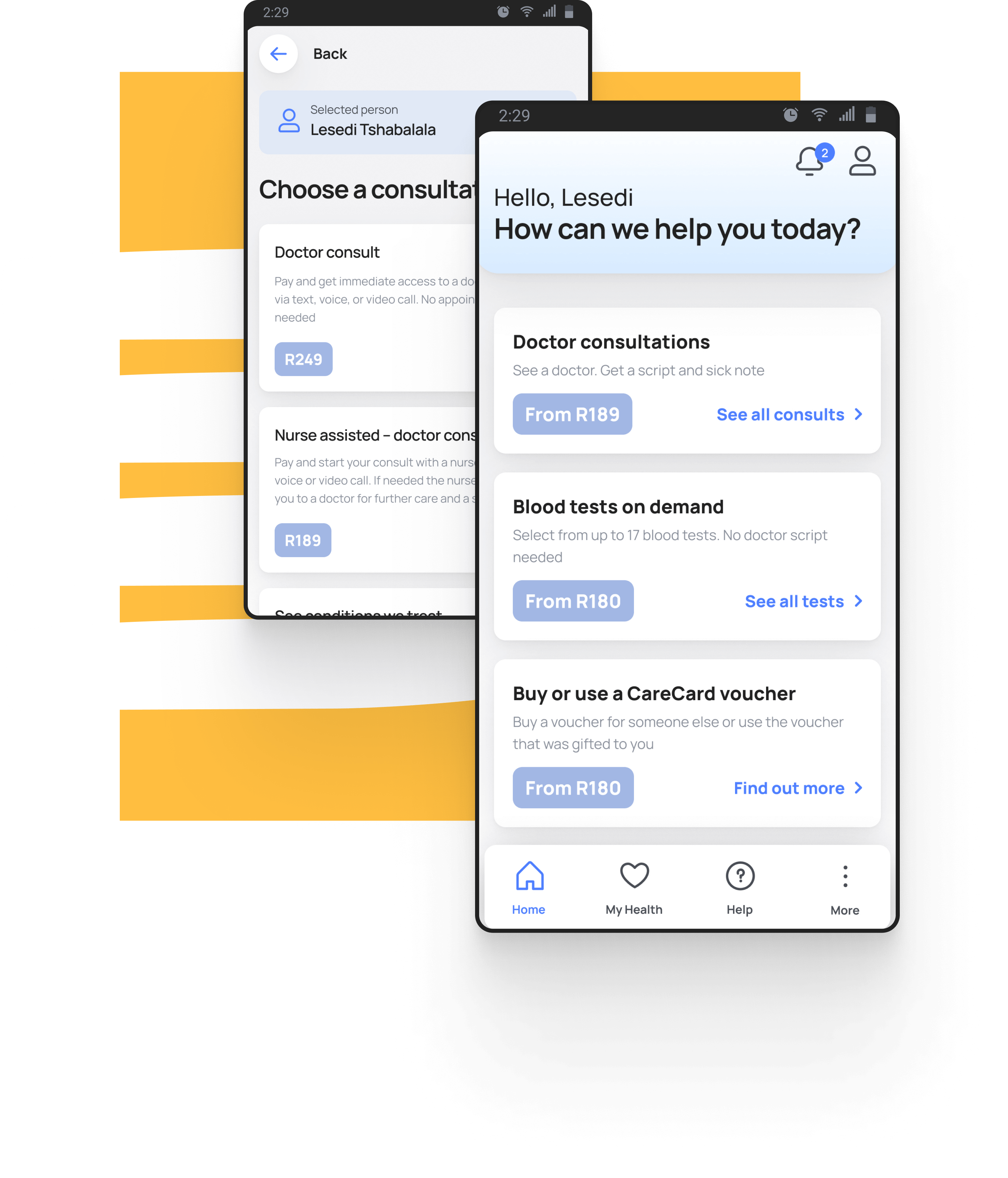 Welcome screen of Unu Health app with digital medical healthcare services available